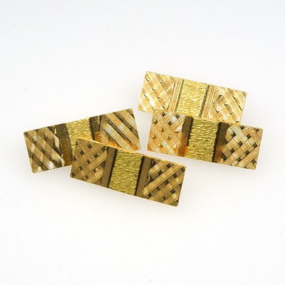 European 18ct Yellow Gold Rectangular Plate Two Tone Double Sided Cufflinks with Patterned Finish Circa 1960s