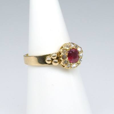 Antique 9ct Yellow Gold Round Cluster with Cushion Cut Natural Pink/Red Ruby and Twelve Rose Cut Diamonds Ring