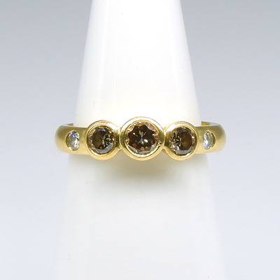 18ct Yellow Gold Five Diamond Ring With Three Cognac Diamonds in Bezel Setting and Two White Diamonds Set into The Band