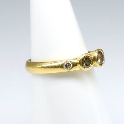 18ct Yellow Gold Five Diamond Ring With Three Cognac Diamonds in Bezel Setting and Two White Diamonds Set into The Band