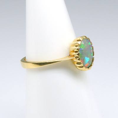 18ct Yellow Gold Solid Dark Opal Ring with Good 'Play of Colour', Including Red