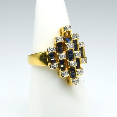 18ct Yellow Gold Ring with Seventeen Carre Cut Sapphires and Twenty Eight Round Brilliant Cut Diamonds in Bars in Pairs