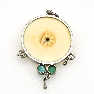 Antique Ivory Disk With Centre Turquoise Cabochon Pendant in Bezel Setting and Two Turquoise at the Base in Silver