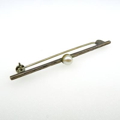 Patterned Silver Bar Brooch With Centre Cultured Pearl