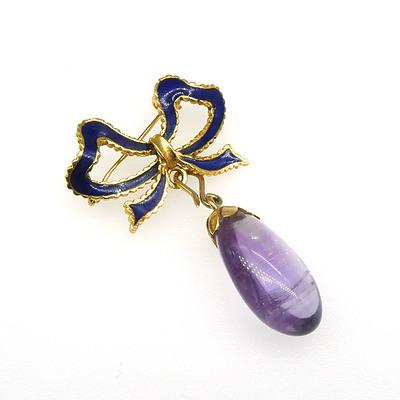 18ct Yellow Gold Blue Enamel Bow Brooch with Dropped Freeform Amethyst Bead Pendant