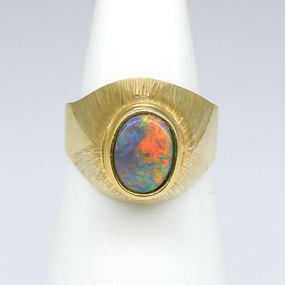 18ct Yellow Gold High Set Solid Oval Opal Ring
