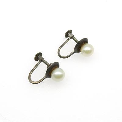 White Cultured Pearl Screw on Earrings in Silver