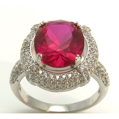 Sterling Silver Ring - Ruby Red Cz Centre - White Cz Surround & Shoulders