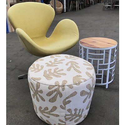 Retro-Style Winged Arm Chair with Ottoman & Side Table
