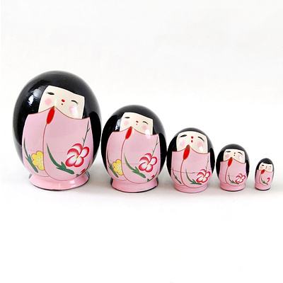 Japanese Pink egg shape 5 nesting dolls - No 2