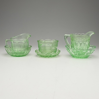 A Group of Depression Green Glass Bowls and Creamer Jugs