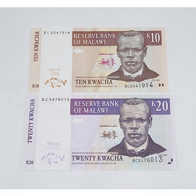 Reserve Bank of Malawi Ten Kwacha and Twenty Kwacha Banknotes Uncirculated