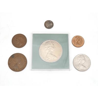 1974 New Zealand Dollar, 1944 Half Penny, 1934 Three Pence, 1958 Penny, 1981 Twenty Cents and 1967 Penny