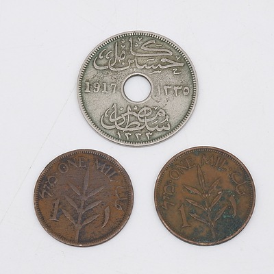 1917 Egyptian Ten Milliemes, 1927 Palestine One Milliemes and 1939 Palestine One Milliemes