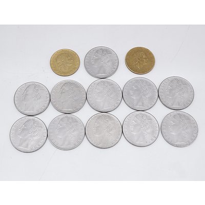 Thirteen Italian Lire Coins