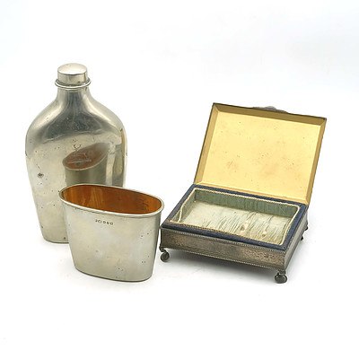 Monogrammed Silver Plate Hip Flask and a Vintage English Trinket Box