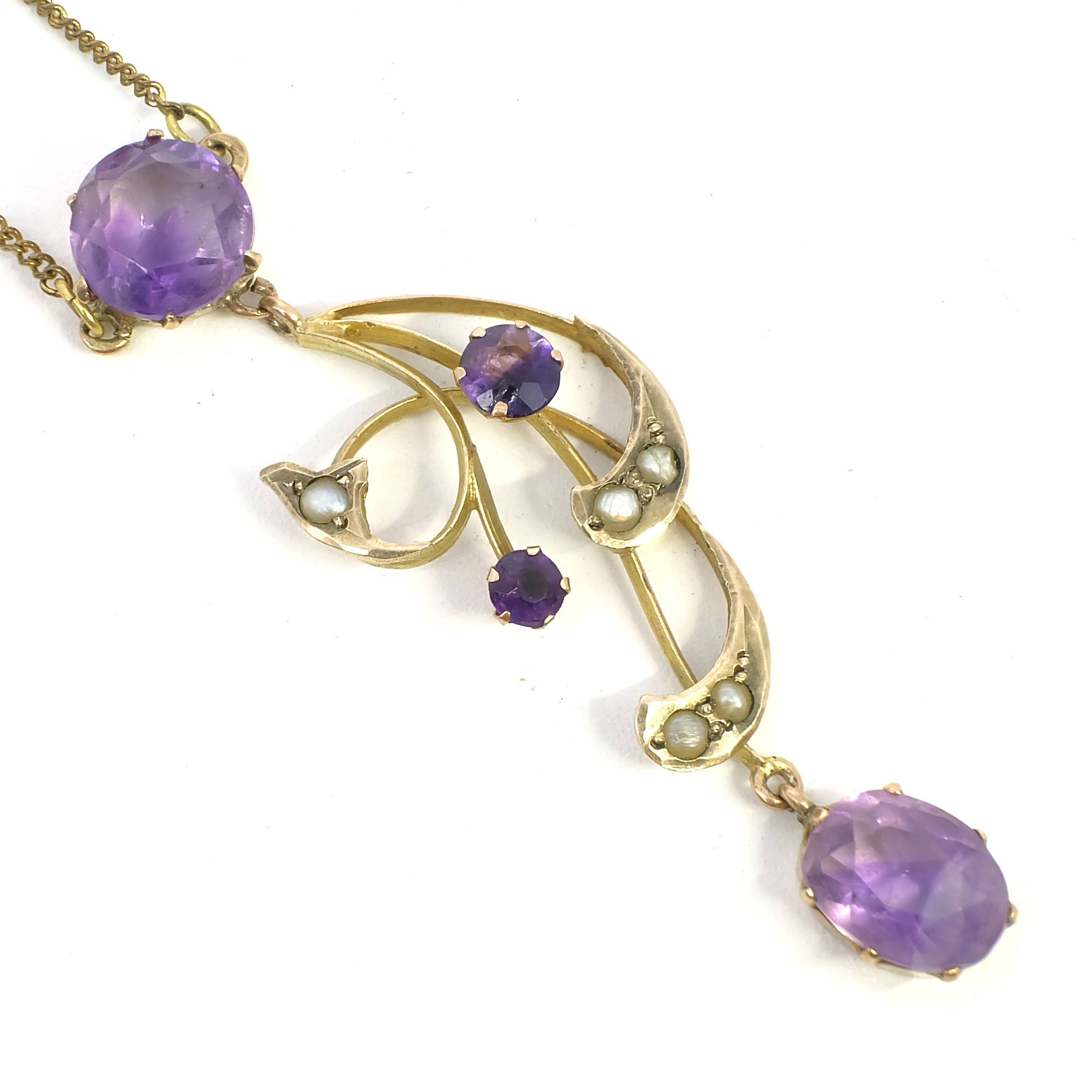 'Antique 9ct Yellow Gold Pendant With Amethyst and Seed Pearl on a Rolled Gold Chain, 3g'