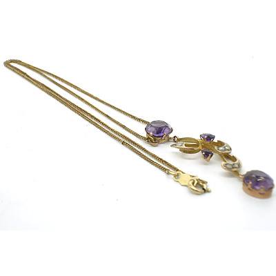 Antique 9ct Yellow Gold Pendant With Amethyst and Seed Pearl on a Rolled Gold Chain