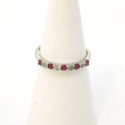 10ct White Gold with Five Round Facetted Rubies and Four Round Single Cut Diamonds