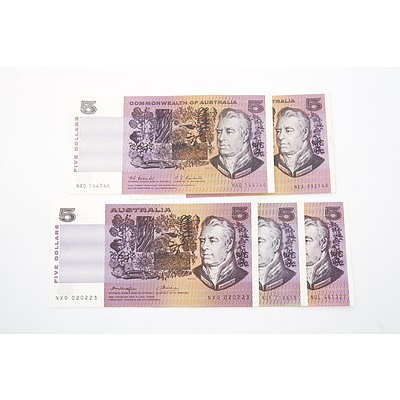 Five Australian $5 Paper Notes, Including Coombs/ Randall NAQ144746, Phillips/ Randall NEX092140