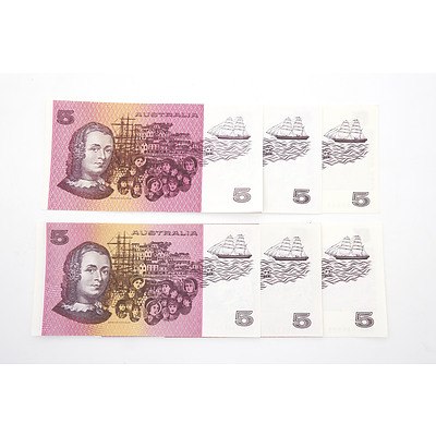 Six Australian $5 Paper Notes, Including Knight/Stone PCY602508, Johnston/Stone PHK217849, Johnston/ Fraser PVC159668