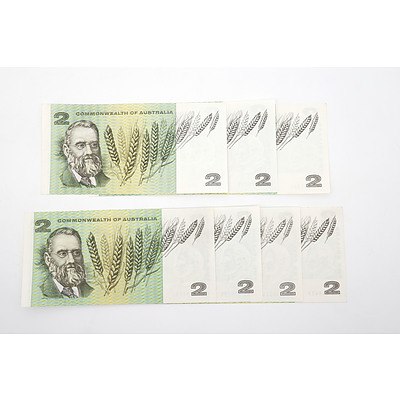 Seven Commonwealth of Australia $2 Paper Notes, Including Coombs/ Wilson FAR242301, Coombs/ Randall FLL474283