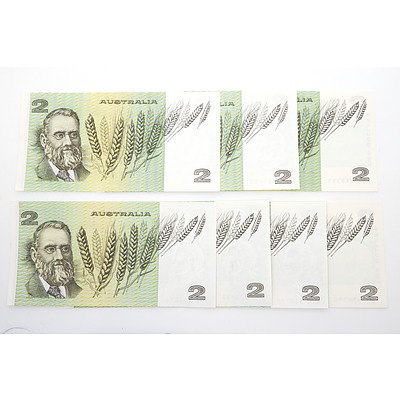 Seven Australian $2 Paper Notes, Including Knight/Wheeler HNC 202302, Knight/ Stone JET624482, Johnston/ Fraser LKT478663