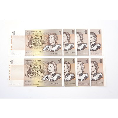 Eight Australian $1 Paper Notes, Including Phillips/ Wheeler BPU741095, Knight/ Wheeler CNN929379, Johnston/ Stone DHZ626317