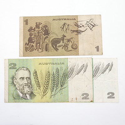 Three Australian Paper Notes, Including Johnston/ Fraser $2 LFV999929, Knight/ Stone $2 JYE592393 and Knight/ Stone $1 CZK032879