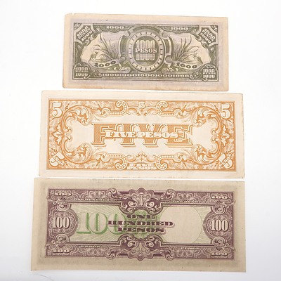 Three Japanese Occupation Currency Notes, 1000, 100 and 5 Pesos