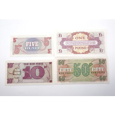 Four British Armed Forces Notes, One Pound, Five Pence, Fifty Pence and Ten Pence