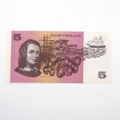 Scarce Australian Knight/Wheeler $5 Error Note,  NTN975281