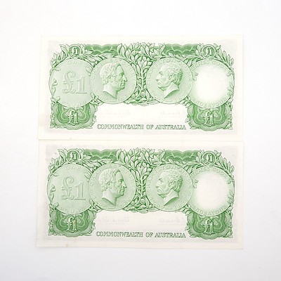 Two Commonwealth of Australia Consecutively Numbered Coombs/Wilson One Pound Notes, HJ51 8129672 - HJ51 8129673