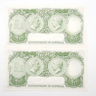 Two Commonwealth of Australia Consecutively Numbered Coombs/Wilson One Pound Notes,HH53 519253- HH53 519254