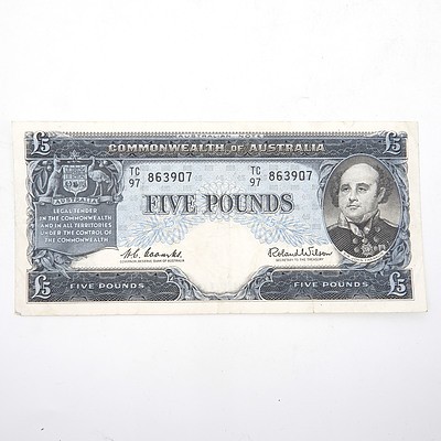 Commonwealth of Australia Coombs/Wilson Five Pound Note, TC97 863907