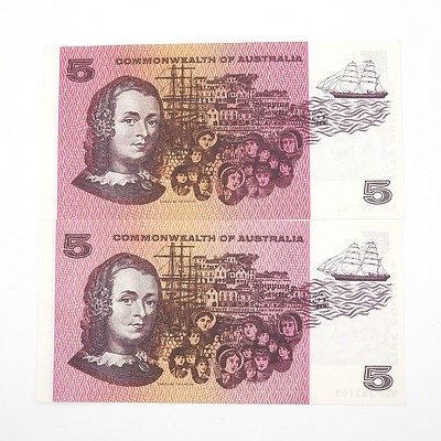 Two Australian Consecutively Numbered Phillips/ Wheeler $5 Paper Notes, NJS985162 - NJS985163
