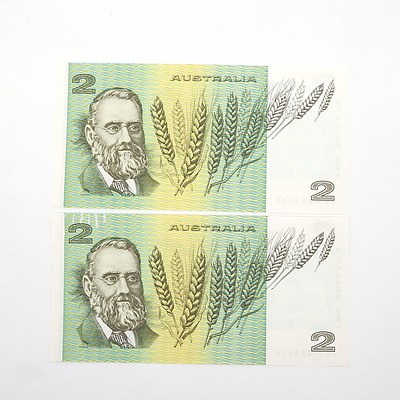 Two Australian Consecutively Numbered Johnston/ Fraser $2 Paper Notes, LLJ039494-LLJ039495