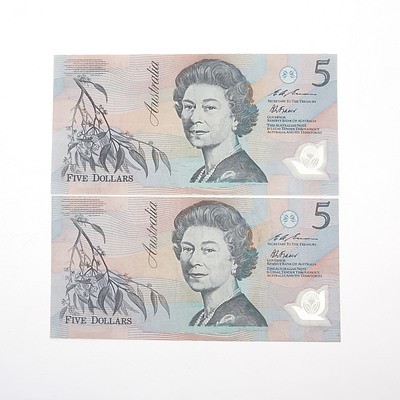 Two Australian 1993 $5 Polymer Notes with Dark Green Serial Numbers , CJ93485415 and CJ93482998