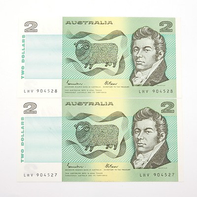 Two Australian Consecutively Numbered Johnston/ Fraser $2 Paper Notes, LHV904527-LHV904528