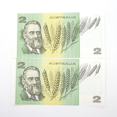 Two Australian Consecutively Numbered Johnston/ Fraser $2 Paper Notes, LHV904527-LHV904528