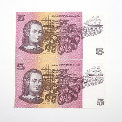Two Australian Johnston/Fraser $5 Paper Notes, PZS523292 and QAT472158