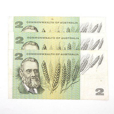 Three Australian Phillips/ Randall $2 Paper Notes, FTE881543, GGK823577, GFT471534