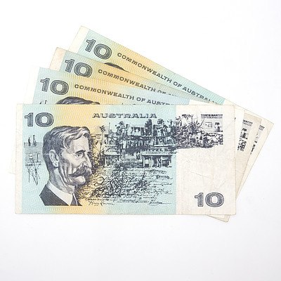 Four Australian $10 Paper Notes, Including Coombs/ Wilson SAV761342, Phillips/Wheeler TAR431234 and More