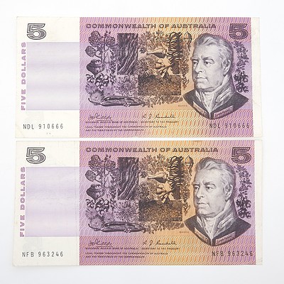 Two Commonwealth of Australia Phillips/ Wheeler $5 Paper Notes, NFB963246 and NDL910666