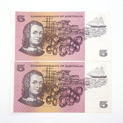 Two Commonwealth of Australia Phillips/ Wheeler $5 Paper Notes, NFB963246 and NDL910666