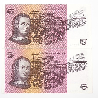 Two Australian $5 Paper Notes, Fraser/Cole QND670549 and Johnston/Stone PFC278276