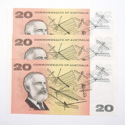 Three Commonwealth of Australia $20 Paper Notes, Including Coombs/Wilson XAF637135, Coombs/Randall XBR127779 and Phillips/Randall XEC907496