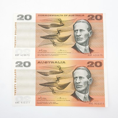 Two Commonwealth of Australia Phillips/Wheeler $20 Paper Notes, XGP426675 and XHC933377