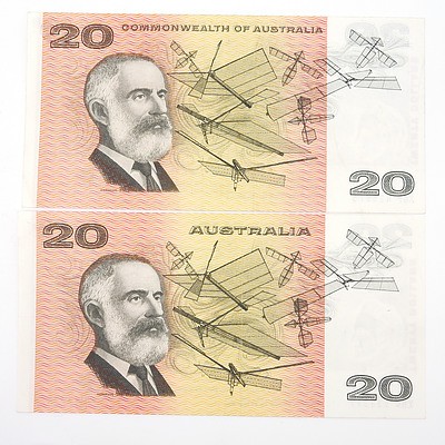 Two Commonwealth of Australia Phillips/Wheeler $20 Paper Notes, XGP426675 and XHC933377