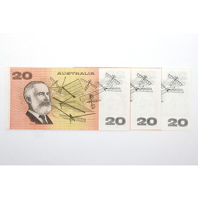 Three Australian $20 Paper Notes, Including Knight/Wheeler XNF685168, Knight/ Wheeler XTX069845 and VBL500572